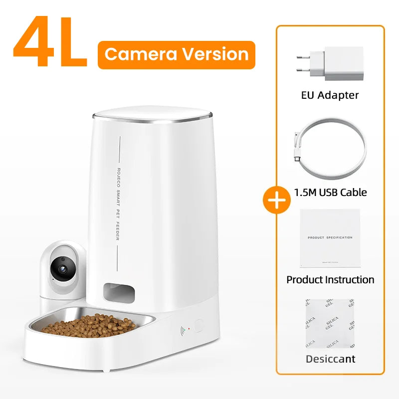 ROJECO 4L WiFi Automatic Cat Feeder With Camera Video Cat Food Dispenser Pet Smart Voice Calling Auto Feeder For Cats Dogs Pet