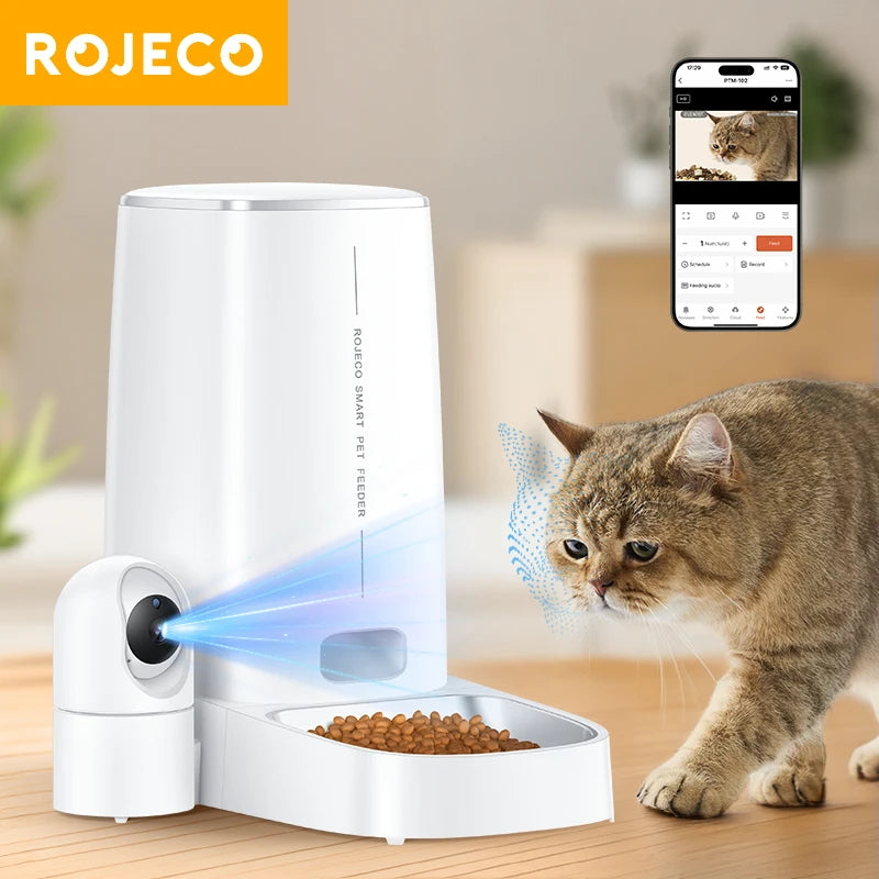 ROJECO 4L WiFi Automatic Cat Feeder With Camera Video Cat Food Dispenser Pet Smart Voice Calling Auto Feeder For Cats Dogs Pet