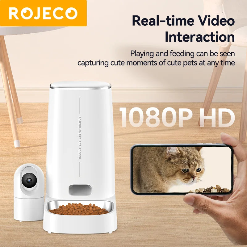 ROJECO 4L WiFi Automatic Cat Feeder With Camera Video Cat Food Dispenser Pet Smart Voice Calling Auto Feeder For Cats Dogs Pet